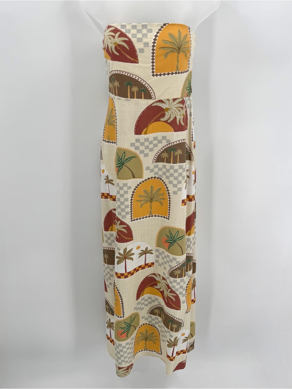 Paper Heart Dress Womens L Linen Blend Strapless Maxi Tropical Palms Long NWT